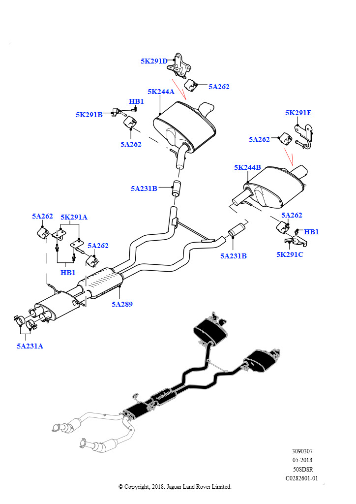 Схема: Задняя система выпуска (5.0 бензиновый AJ133 DOHC CDA)