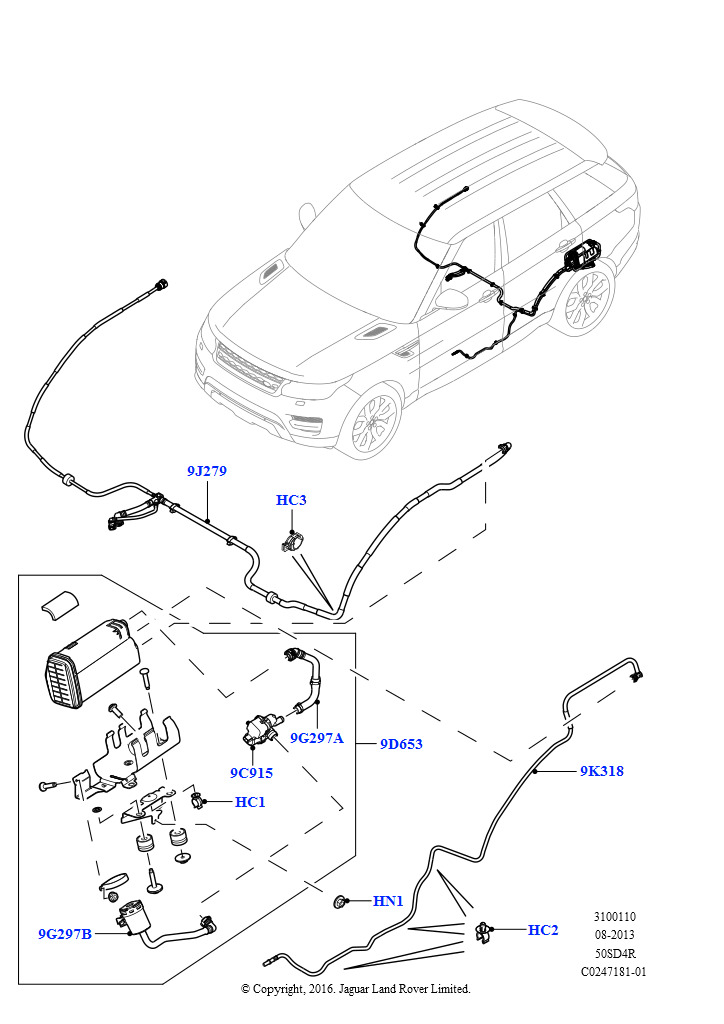 Топливные магистрали (Задний, 5.0 бензиновый AJ133 DOHC CDA, Заливн.горл.топл.бака.,контр.утечек, 5.0L P AJ133 DOHC CDA S/C Enhanced, Заливн.горл.топл.бака.,контр.утечек, 5,0 л OHC