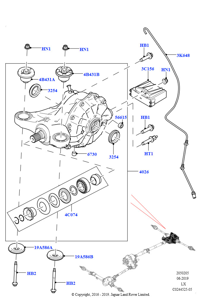 Схема: Задний мост (4.4L DOHC DITC V8 Diesel, 8-ступенчатая АКПП ZF 8HP45, Зад.мост с дифференц.с осью сател., 3.0L DOHC GDI SC V6 БЕНЗИНОВЫЙ, 8-ступенч.авто.кор.пер.ZF 8HP70 4WD, Зад.мос