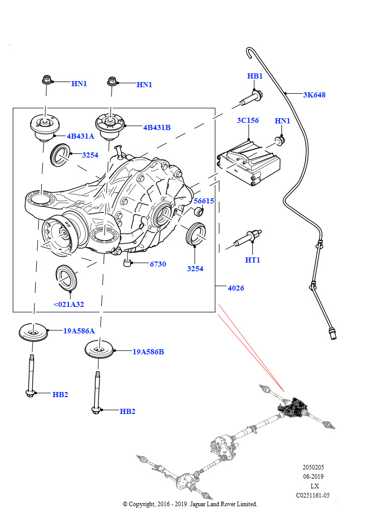 Схема: Задний мост (Дизельный 3,0 V6, 8-ступенч.авто.кор.пер.ZF 8HP70 4WD, Зад.мост с дифференц.с осью сател., С бензиновыми двигателями, 8-ступенч.авто.кор.пер.ZF 8HP70 4WD, Зад.мост с д