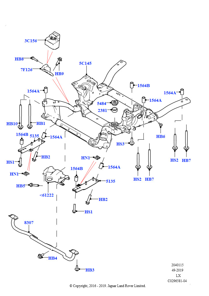 Схема: Перед.поперечина+штанга стабилизат. (ПопереЧина, 3.0L DOHC GDI SC V6 БЕНЗИНОВЫЙ, 3.0 V6 D Gen2 Mono Turbo, 3,0 V6-гибридн.электр.дизельн.двиг., 5.0 бензиновый AJ133 DOHC CDA, 3.0L