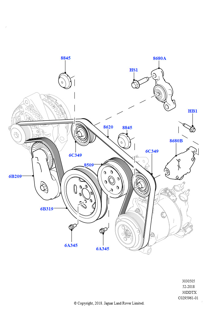 Шкивы и приводные ремни (Передний, Сборка на заводе в г. Солихалл, 3.0 V6 D Low MT ROW, С передн.и задн.пневм.подвеской, 3.0 V6 D Gen2 Twin Turbo, С передн.и задн.пневм.подвеской,
