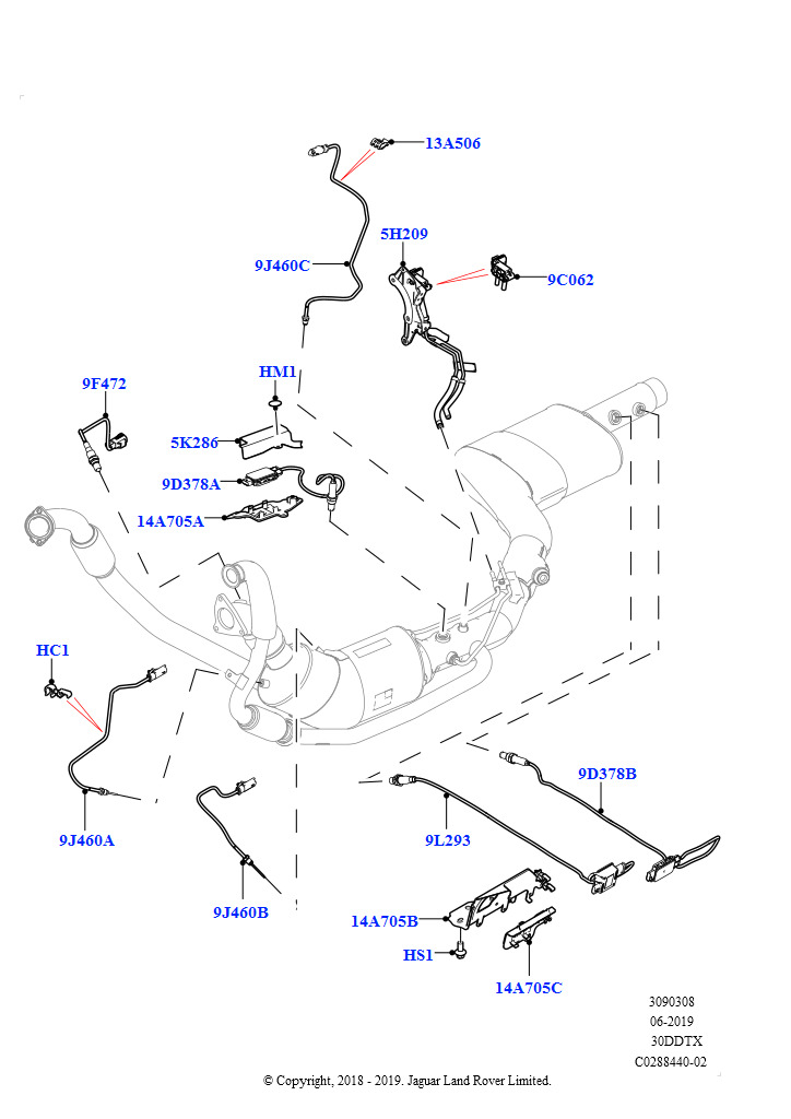 Схема: Датчики и модули системы выпуска (3.0 V6 D Gen2 Twin Turbo, EU6D дизельн.+ DPF понижен.токсичн.)
