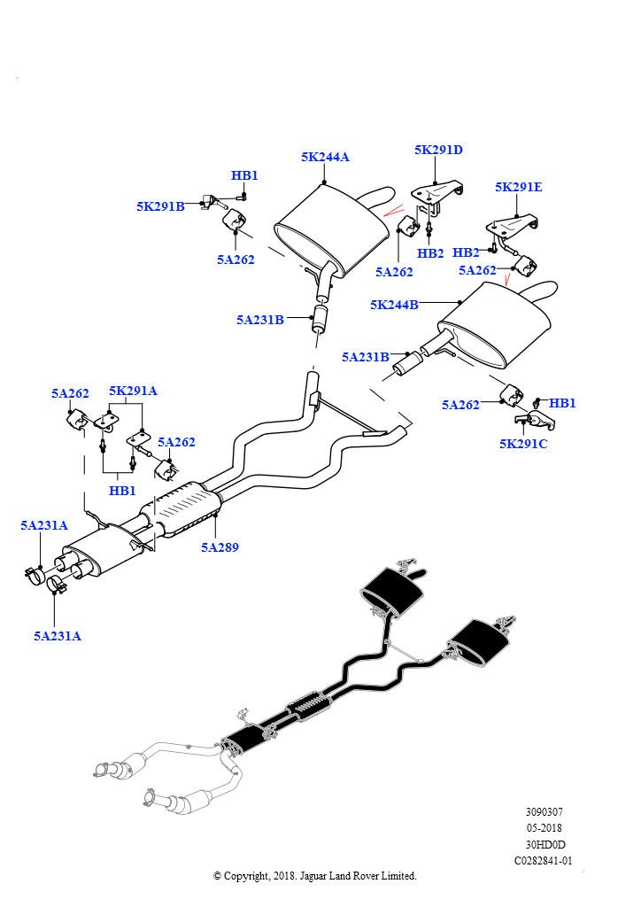 Схема: Задняя система выпуска (3.0L DOHC GDI SC V6 БЕНЗИНОВЫЙ)