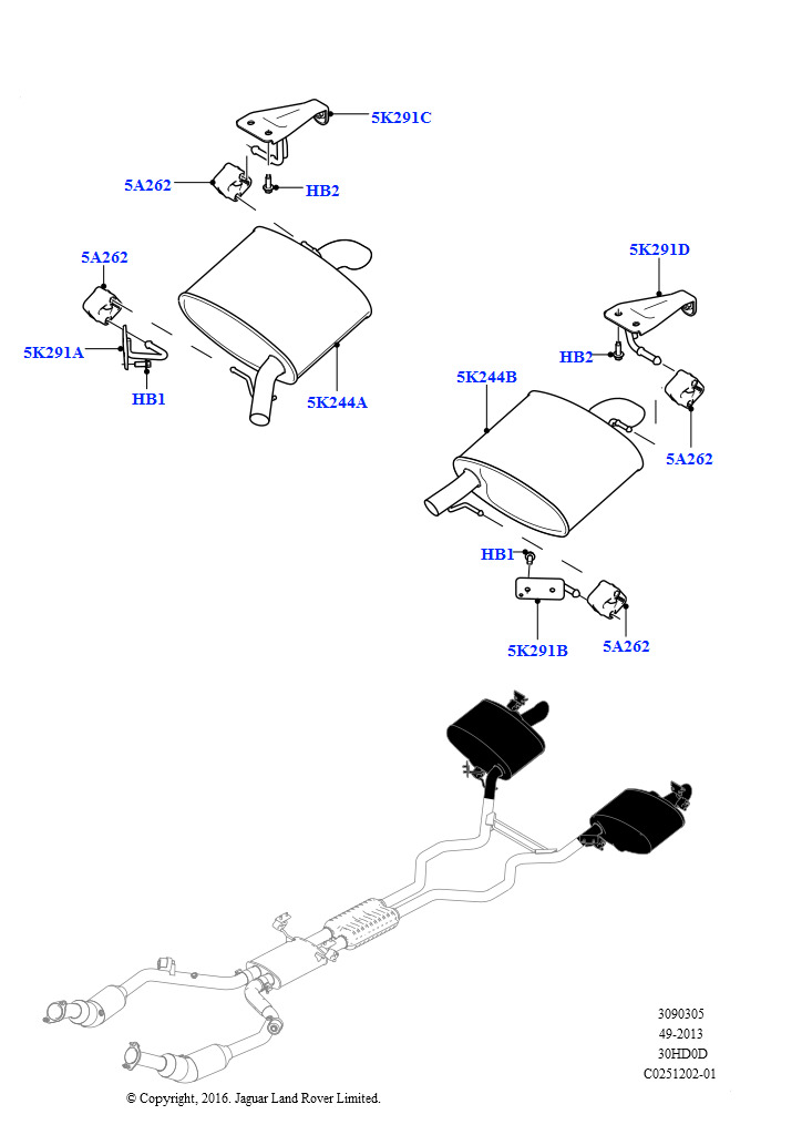Схема: Система выпуска (Задняя секция, 3.0L DOHC GDI SC V6 БЕНЗИНОВЫЙ)