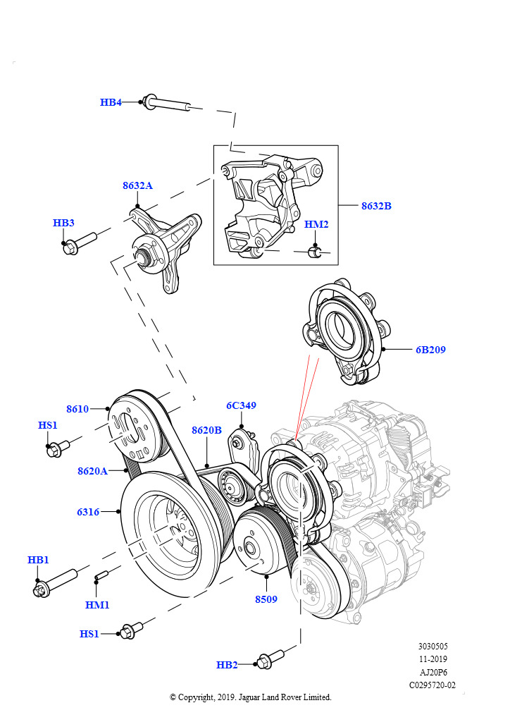 Шкивы и приводные ремни (3.0L AJ20P6 Petrol High)