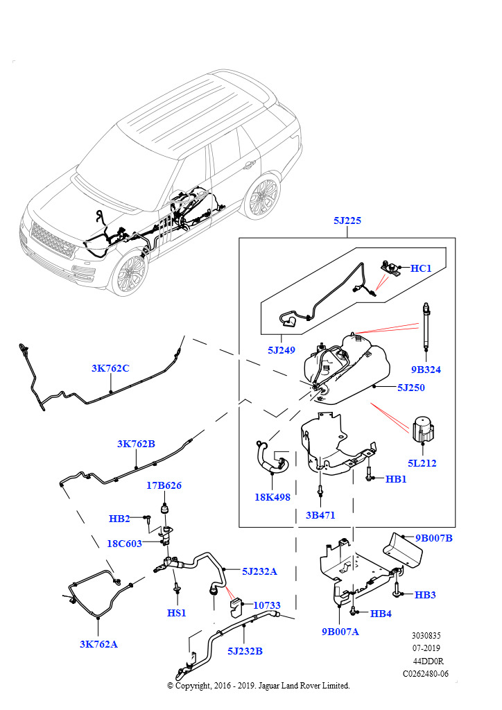 Схема: Подача мочевины в систему выпуска (Бак и магистрали, 4.4L DOHC DITC V8 Diesel, С баком реагента системы диз.двиг.)