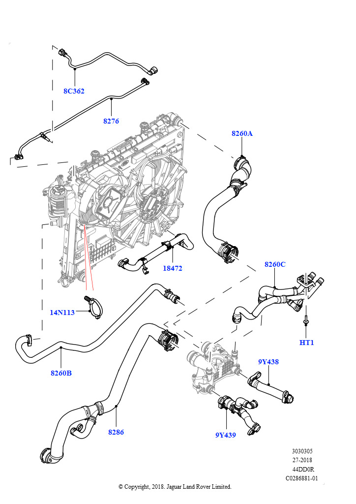 Схема: Трубопр.и шланги сист.охлажд. (4.4L DOHC DITC V8 Diesel, Без активного подогрева коробки передач)