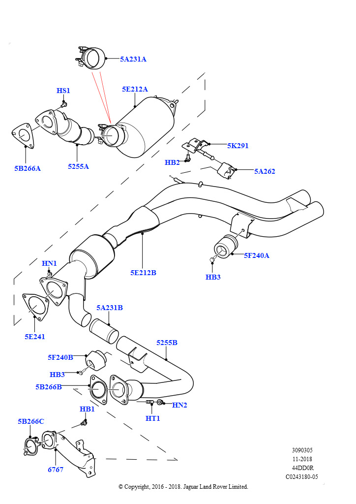 Схема: Система выпуска (Передний, 4.4L DOHC DITC V8 Diesel, Стандарт токсичн.выхл.Proconve L6, 4.4L DOHC DITC V8 Diesel, Токсичность выхлопа Euro 4)
