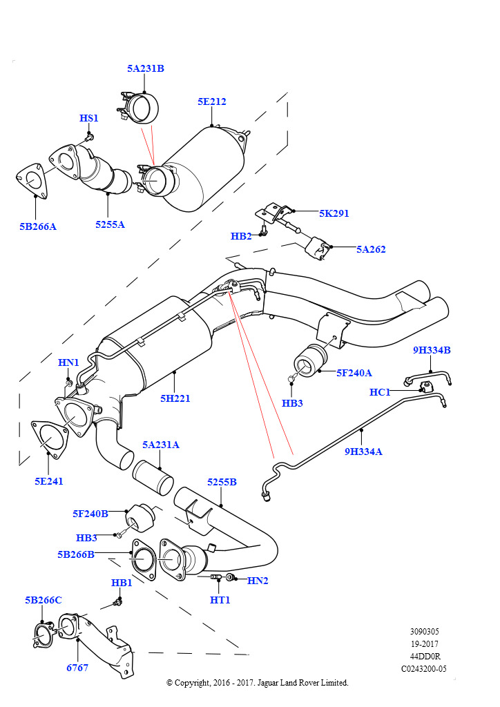 Схема: Система выпуска (Передний, 4.4L DOHC DITC V8 Diesel, Этап V плюс DPF, С фильтр.тверд.прод.сгор. диз.топ.)