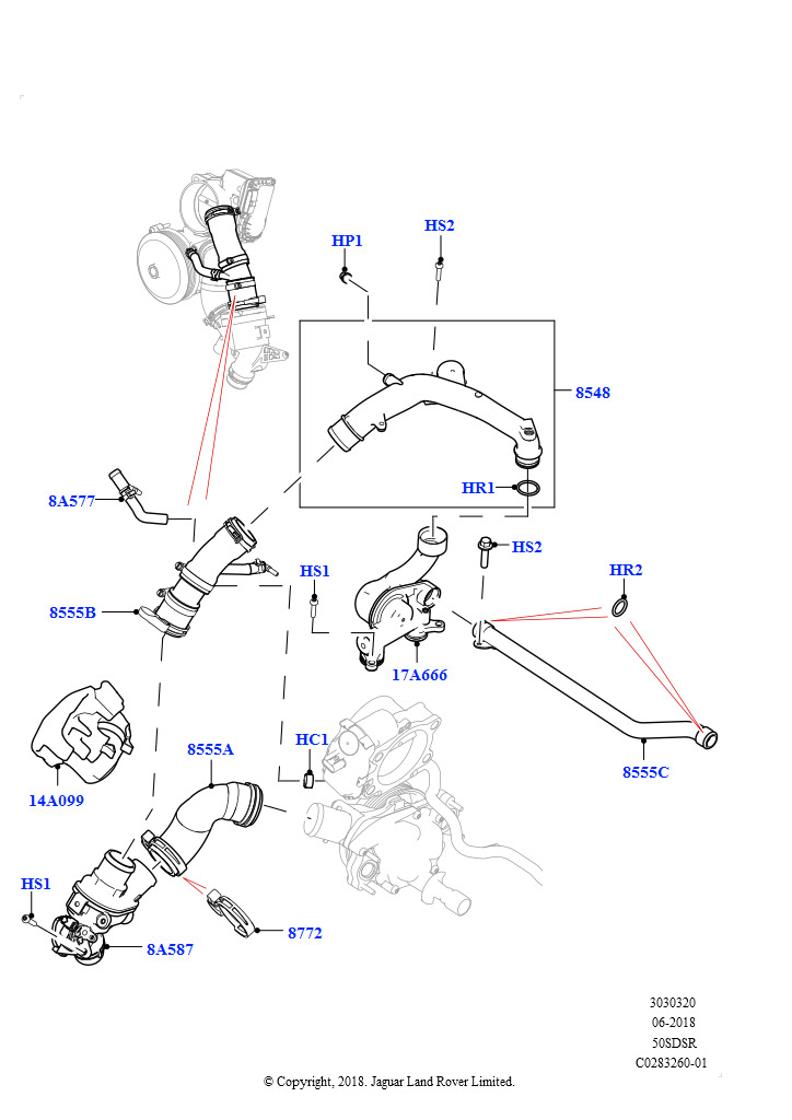 Схема: Термостат и патрубки (5.0 бензиновый AJ133 DOHC CDA)