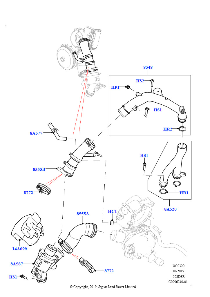 Схема: Термостат и патрубки  (5.0 бензиновый AJ133 DOHC CDA)