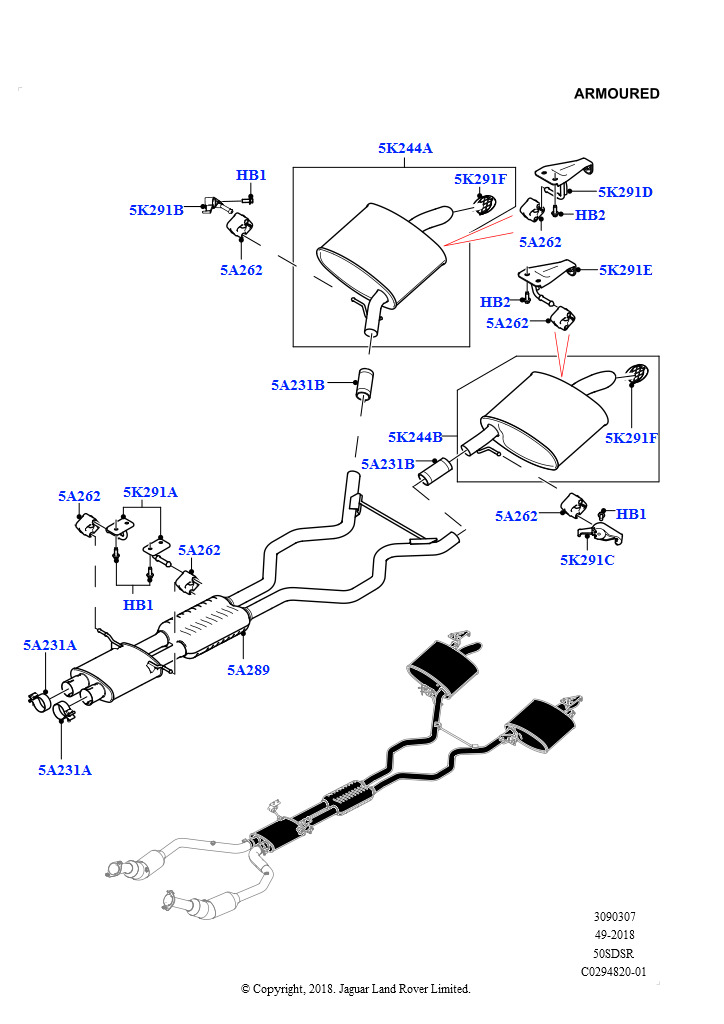 Схема: Задняя система выпуска (5.0 бензиновый AJ133 DOHC CDA, Бронированный)
