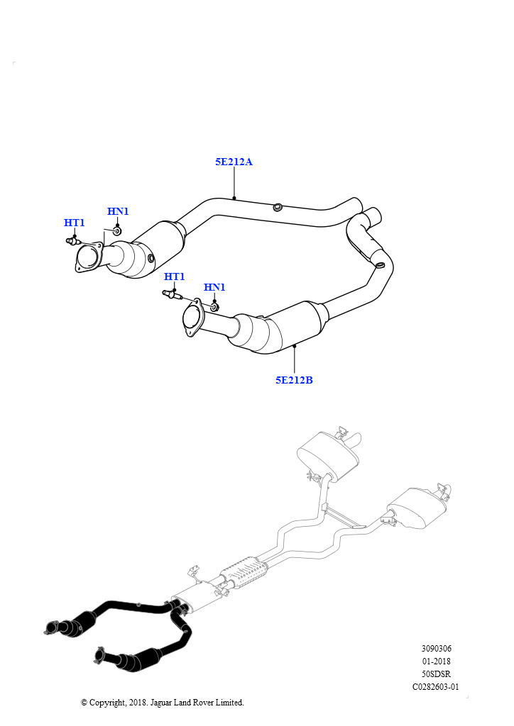 Схема: Передняя система выпуска (5.0L P AJ133 DOHC CDA S/C Enhanced, EU2, 5.0L P AJ133 DOHC CDA S/C Enhanced, Стндрт токсич.ОГ China CN5 (бензин), 5.0L P AJ133 DOHC CDA S/C Enhanced, Стан