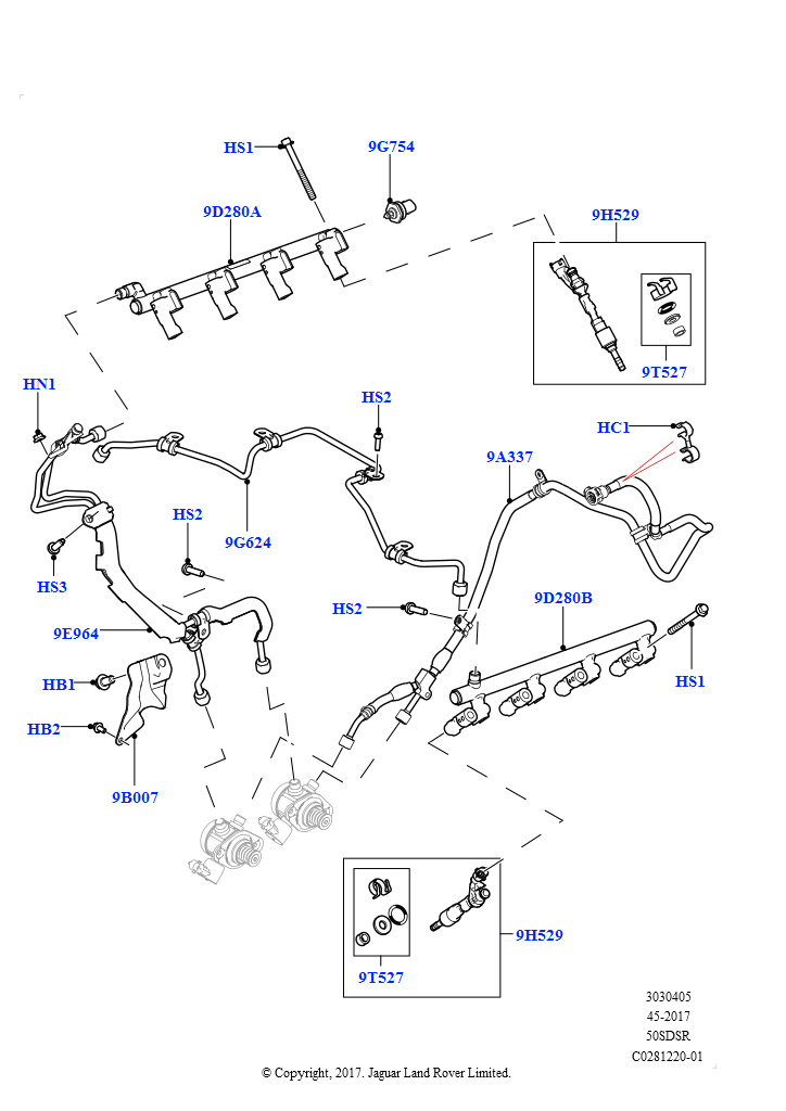 Схема: Топливные форсунки и трубопроводы (5.0 бензиновый AJ133 DOHC CDA, 5.0L P AJ133 DOHC CDA S/C Enhanced)