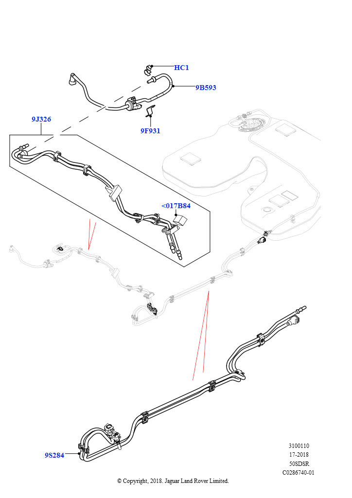 Схема: Топливные магистрали (Передний, 5.0L P AJ133 DOHC CDA S/C Enhanced, 5.0 бензиновый AJ133 DOHC CDA)