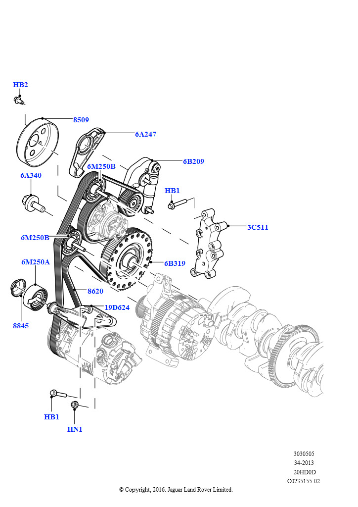 Шкивы и приводные ремни (2.0L 16V TIVCT T/C Gen2, бензин, Сборочный завод Хэйлвуд, 2.0L 16V TIVCT T/C 240PS бензиновый, Сборочный завод Хэйлвуд)