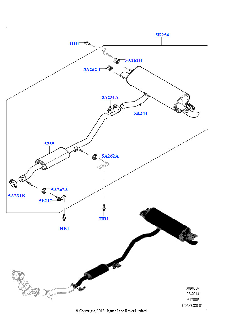 Задняя система выпуска (5-дверный, 2,0 л I4 Mid DOHC AJ200, бензин, Изготовитель - Changsu (Китай), Квадрат. сдвоенные выпуск. патрубки, 5-дверный, 2,0 л I4 High DOHC AJ200, бензин