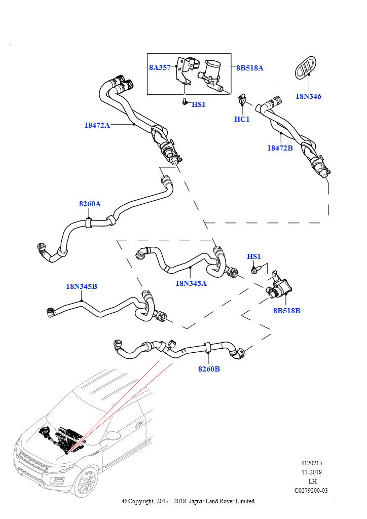 Схема: Шланги отопителя (2,0 л I4 High DOHC AJ200, бензин, Сборочный завод Хэйлвуд, 2,0 л I4 Mid DOHC AJ200, бензин, Сборочный завод Хэйлвуд)
