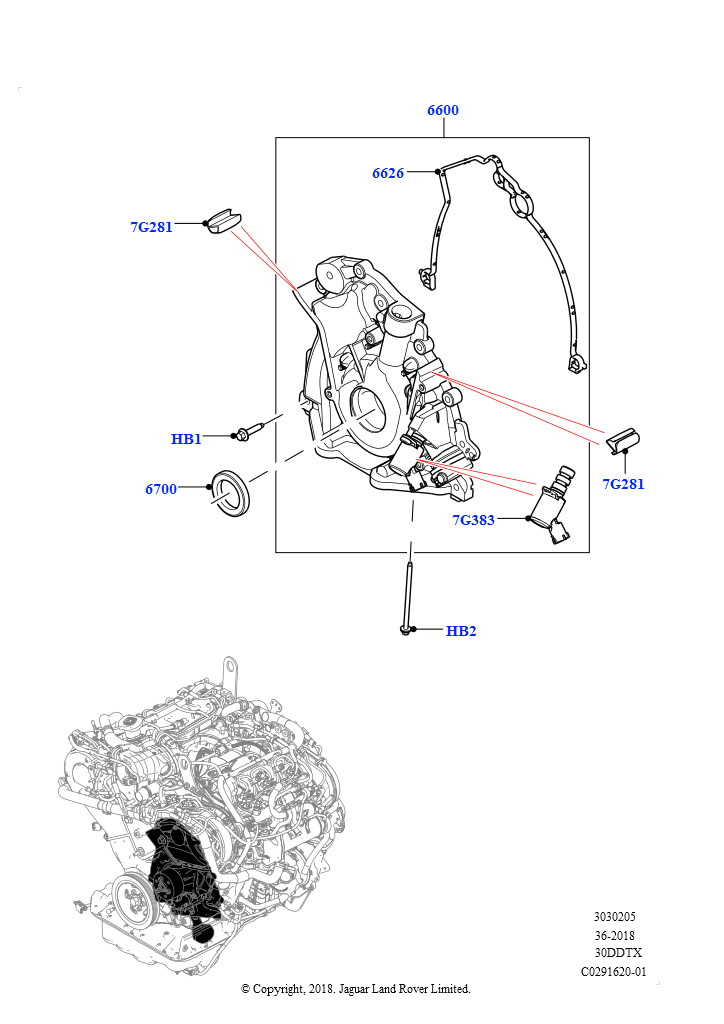 Схема: Масляный насос (Сборка на заводе в г. Солихалл, 3.0 V6 D Gen2 Twin Turbo, 3.0 V6 D Gen2 Mono Turbo, 3.0 V6 D Low MT ROW, 3.0 V6 D Gen2 Twin Turbo)
