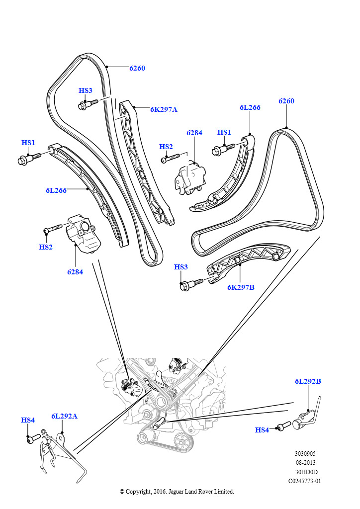 Схема: Газораспределительный механизм (Сборка на заводе в г. Солихалл, Цепи газораспределительного механизма, натяжители, 3.0L DOHC GDI SC V6 БЕНЗИНОВЫЙ)