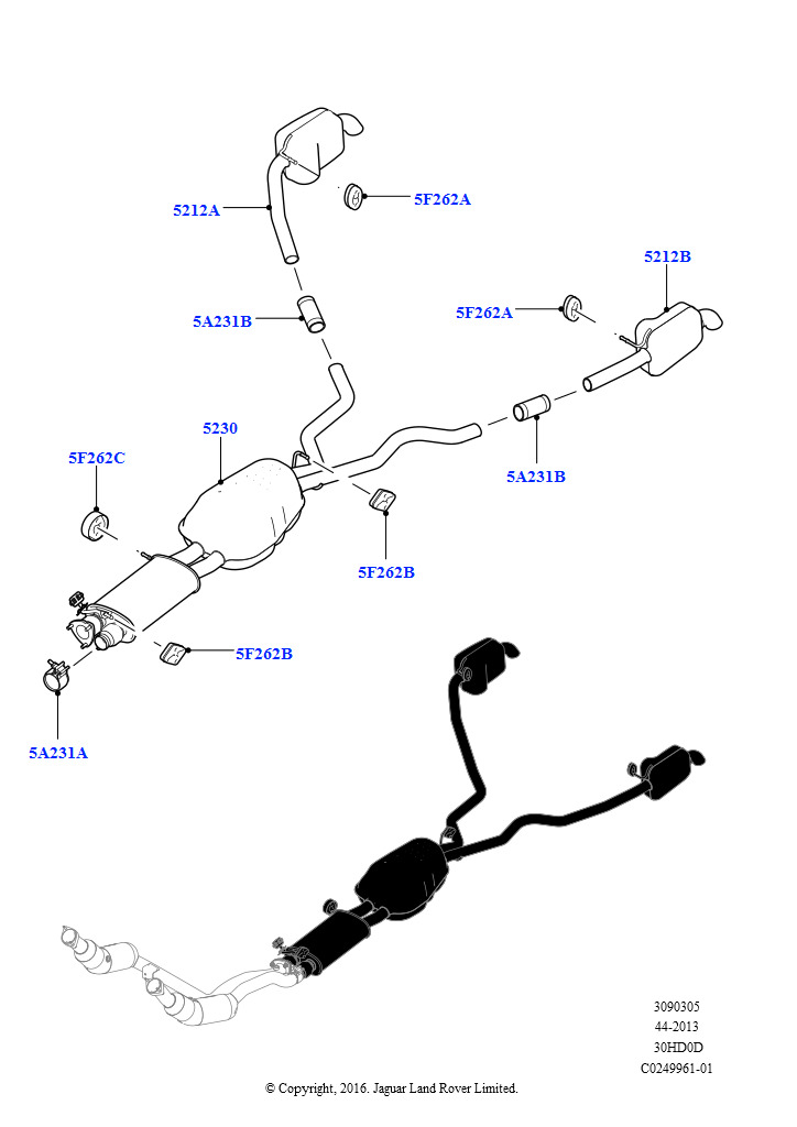 Схема: Система выпуска (Средняя и задняя секции, 3.0L DOHC GDI SC V6 БЕНЗИНОВЫЙ)