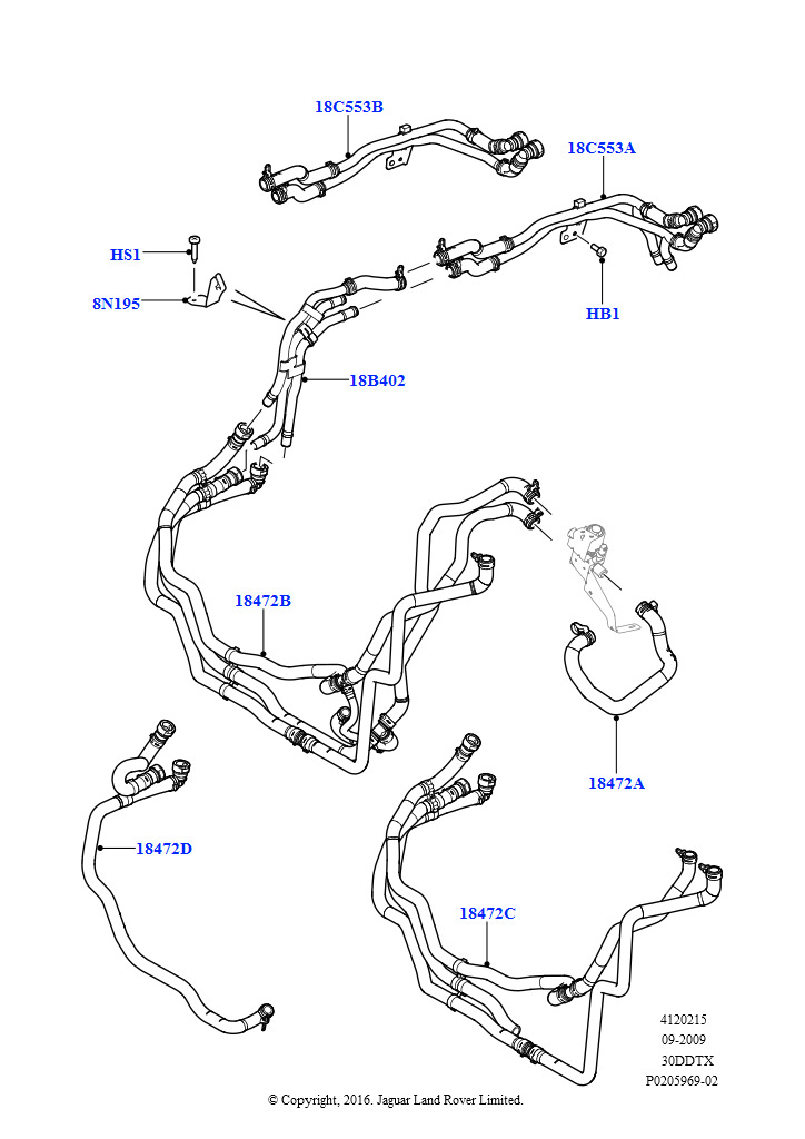 Схема: Шланги отопителя (Передний, Дизельный 3,0 V6)