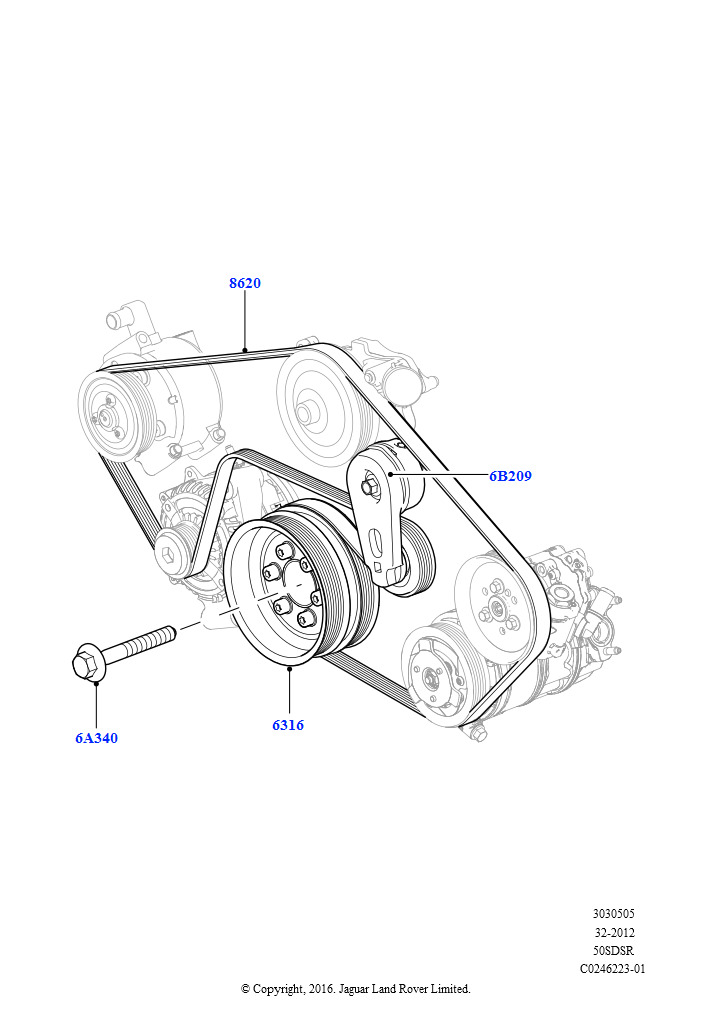 Схема: Шкивы и приводные ремни (5,0 л OHC SGDI SC V8 бензин - AJ133)