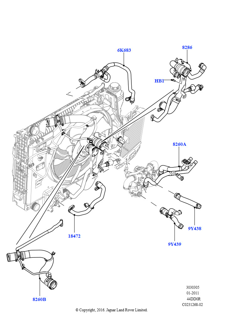 Схема: Трубопр.и шланги сист.охлажд. (4.4L DOHC DITC V8 Diesel)