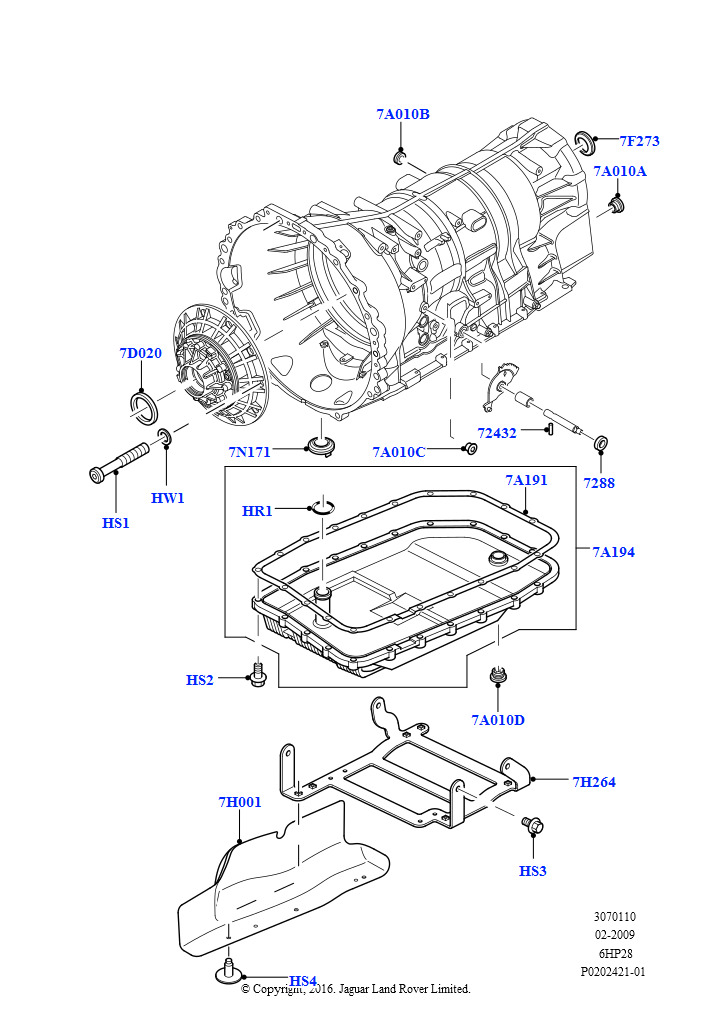 Схема: Внешние элементы коробки передач (5,0 л OHC SGDI SC V8 бензин - AJ133, 6-ступенч. АКПП ZF 6HP28, 5,0 л OHC SGDI NA V8 бензин - AJ133, 6-ступенч. АКПП ZF 6HP28, Дизельный 3,0 V6, 6-сту