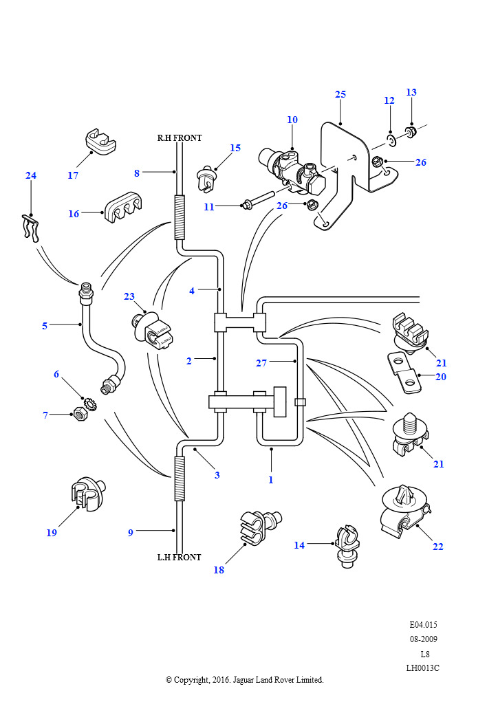 Схема: Передние тормозные трубопроводы (Клапан-ограничитель давления в тормозной системе/Lav, Без аниблокиров. системы тормозов)