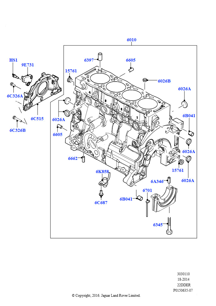 Схема: Блок цилиндров и заглушки (2.2L DOHC EFI TC DW12, 2.2L CR DI 16V Дизельный)