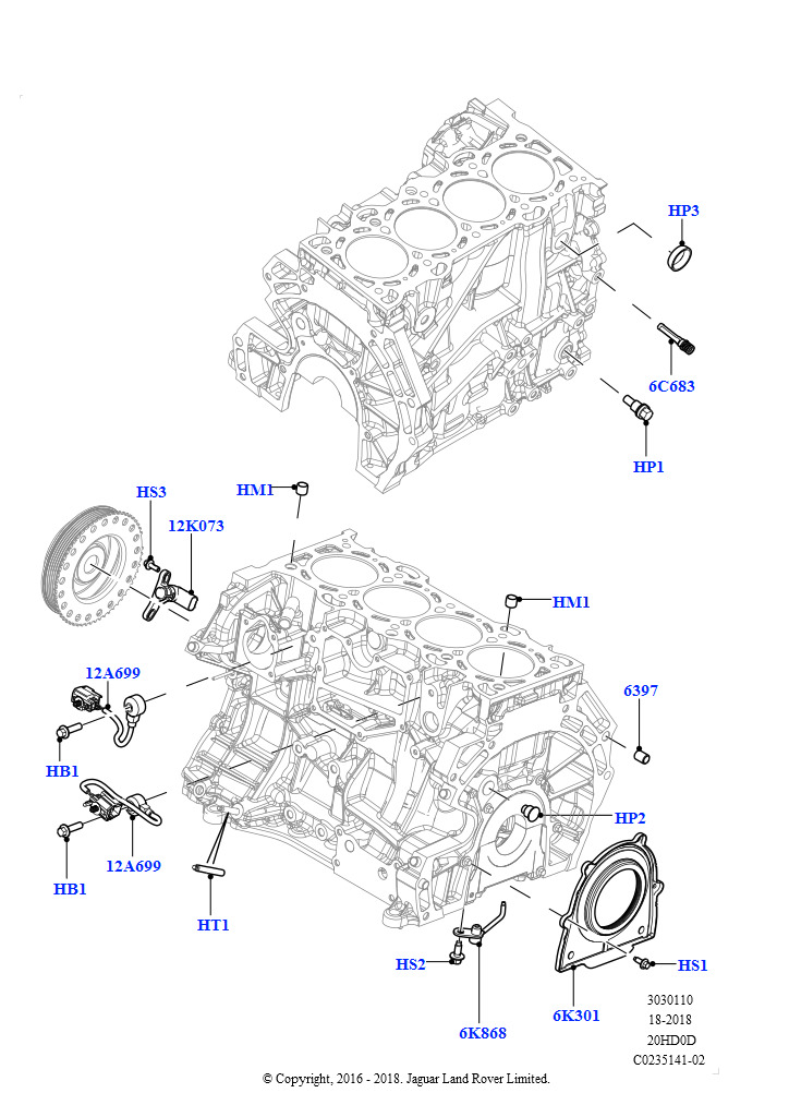 Блок цилиндров и заглушки (2.0L 16V TIVCT T/C Gen2, бензин, Сборочный завод Хэйлвуд, 2.0L 16V TIVCT T/C 240PS бензиновый, Сборочный завод Хэйлвуд)