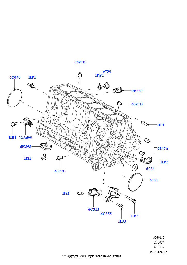Схема: Блок цилиндров и заглушки (3.2L DOHC MPI Petrol I6)