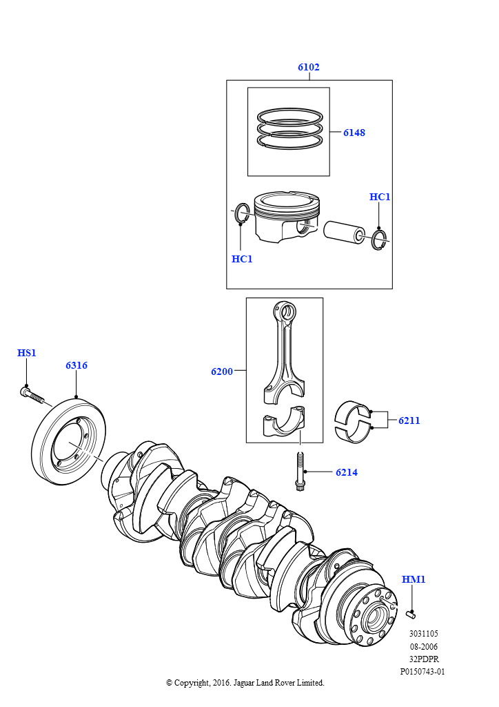 Коленчатый вал/поршни и подшипники (3.2L DOHC MPI Petrol I6)