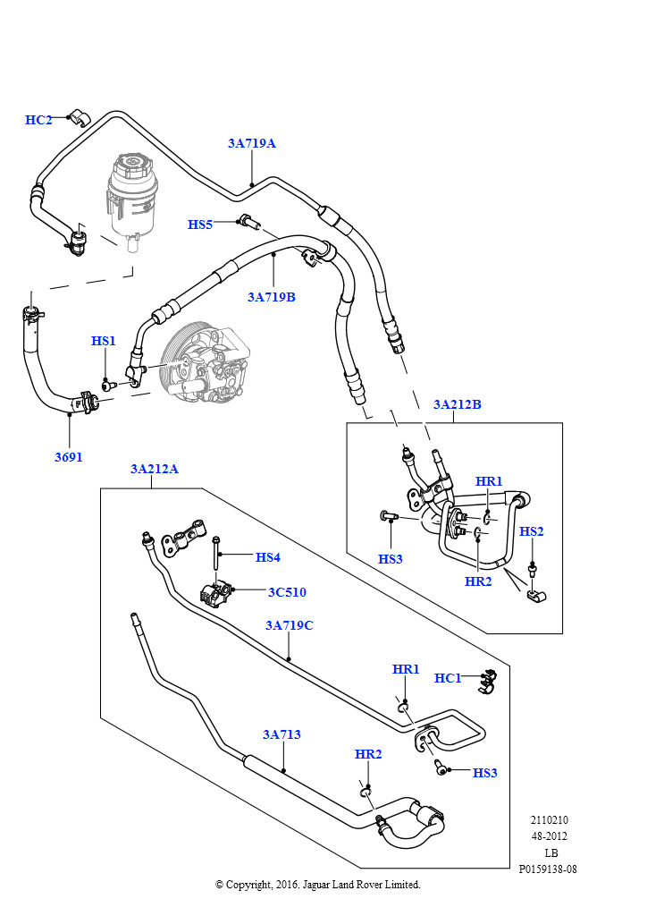 Схема: Пит.и возвр.шланги усил.рул.упр. (2.2L DOHC EFI TC DW12, 2.2L CR DI 16V Дизельный)