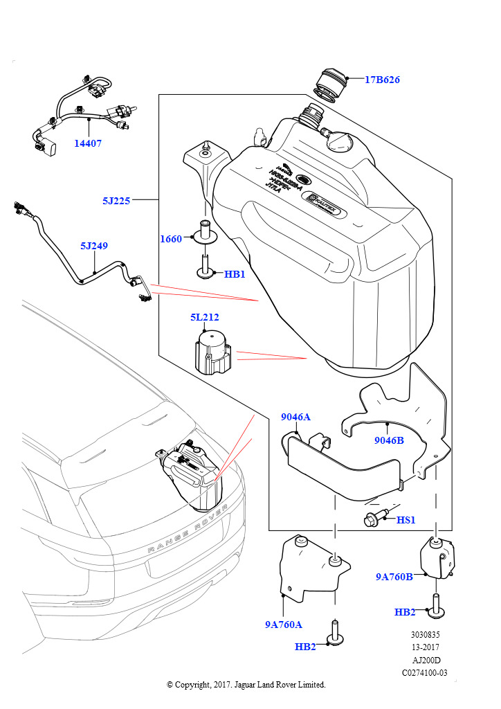 Схема: Подача мочевины в систему выпуска (Бак и магистрали, 2.0L I4 DSL HIGH DOHC AJ200, С баком реагента системы диз.двиг., 2,0 л I4 DSL MID DOHC AJ200, С баком реагента системы диз.двиг