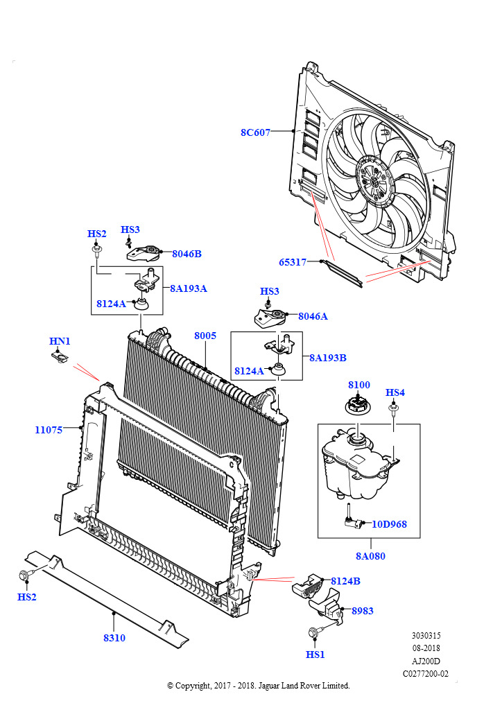 Схема: Радиатор/расшр.бачок для охл.жидк. (2,0 л I4 DSL MID DOHC AJ200, 2.0L I4 DSL HIGH DOHC AJ200)