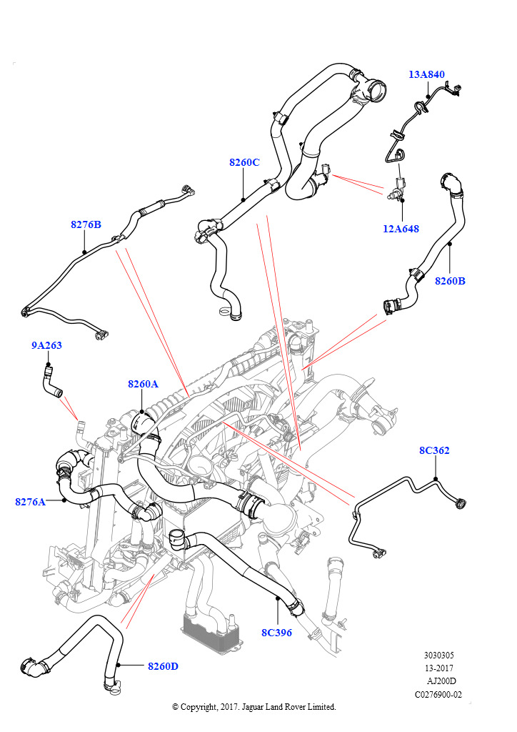 Схема: Трубопр.и шланги сист.охлажд. (2.0L I4 DSL HIGH DOHC AJ200, Без системы охлаждения двигателя, 2,0 л I4 DSL MID DOHC AJ200, Без системы охлаждения двигателя)