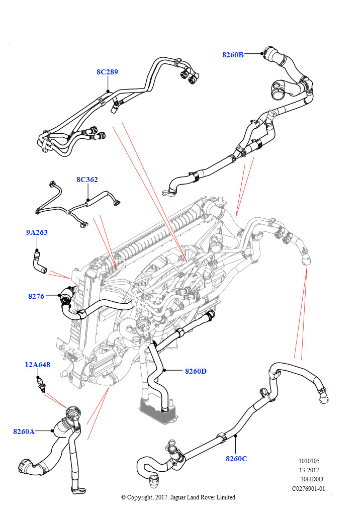 Схема: Трубопр.и шланги сист.охлажд. (3.0L DOHC GDI SC V6 БЕНЗИНОВЫЙ, Без дополнит.насосов охл.жидкости, Без системы охлаждения двигателя, Без активного подогрева коробки передач)