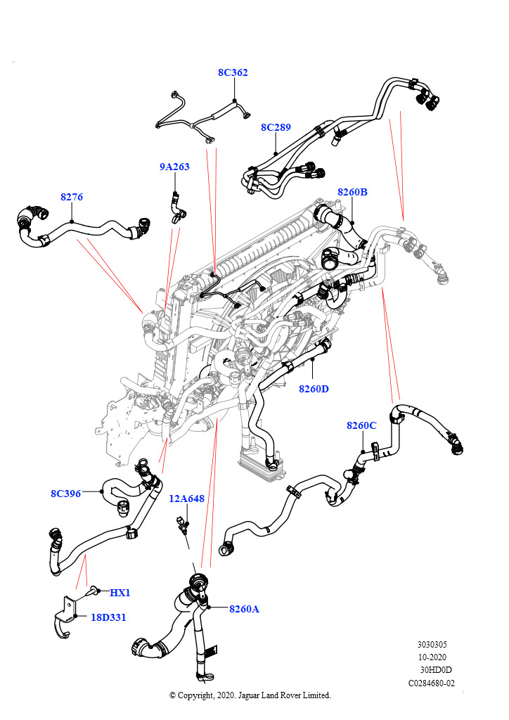Схема: Трубопр.и шланги сист.охлажд. (3.0L DOHC GDI SC V6 БЕНЗИНОВЫЙ, Доп.электр.насос охлаждающ.жидкости)