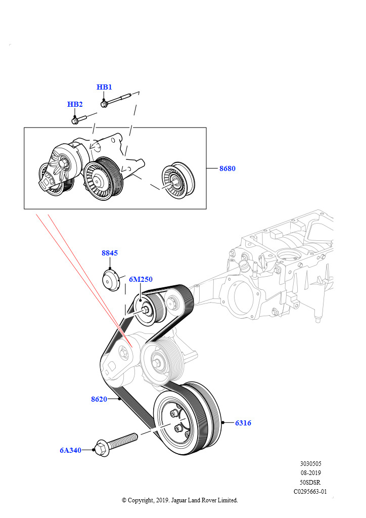 Схема: Шкивы и приводные ремни (5.0L P AJ133 DOHC CDA S/C Enhanced)