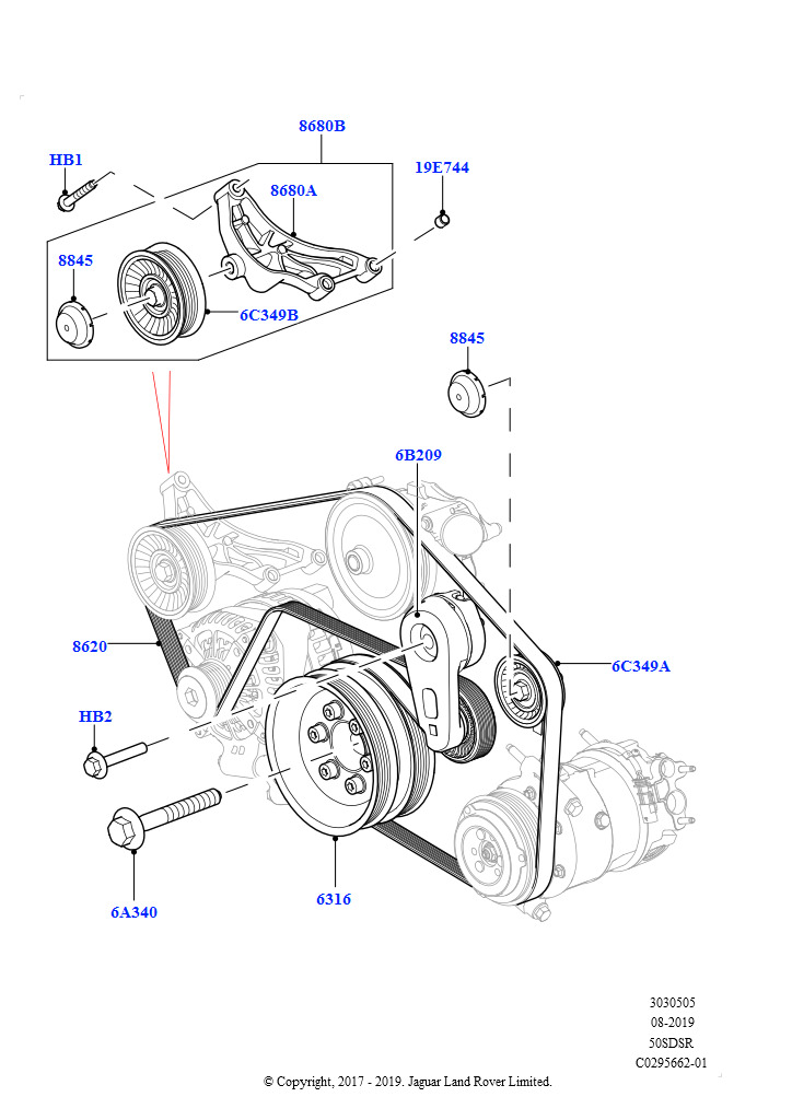 Схема: Шкивы и приводные ремни (Первичный привод, 5.0L P AJ133 DOHC CDA S/C Enhanced)