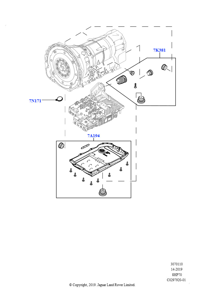 Схема: Внешние элементы коробки передач (5.0L P AJ133 DOHC CDA S/C Enhanced, 8-ступенч.авто.кор.пер.ZF 8HP70 4WD)
