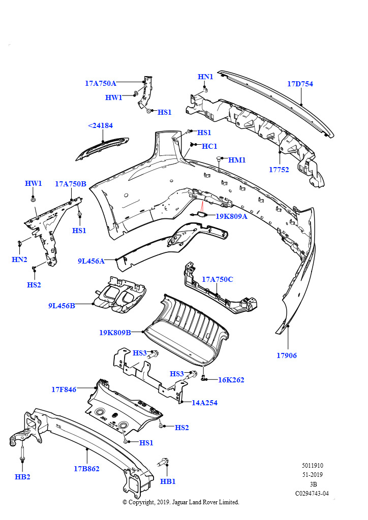 Схема: Задний бампер (5.0L P AJ133 DOHC CDA S/C Enhanced, Комплект Limited)