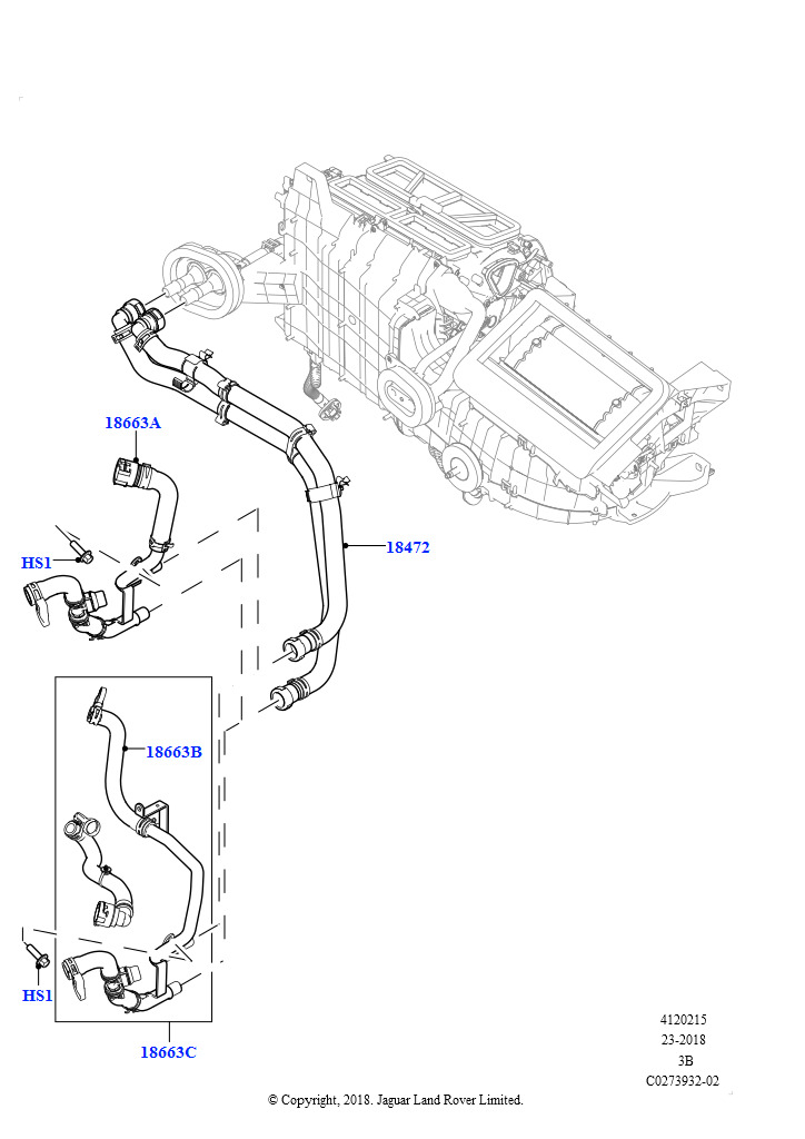 Схема: Шланги отопителя (2,0 л I4 DSL MID DOHC AJ200, С отопителем PTC, 2.0L I4 DSL HIGH DOHC AJ200, С отопителем PTC, 2.0L I4 DSL HIGH DOHC AJ200, Без отопителя, 2,0 л I4 DSL MID DOHC AJ