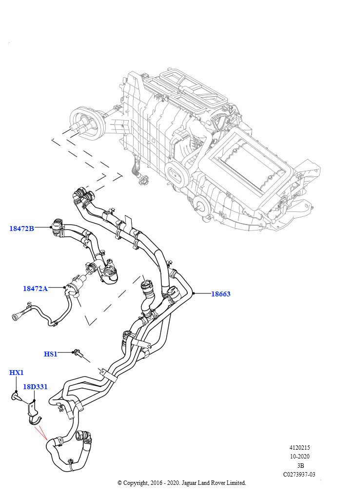 Схема: Шланги отопителя (2,0 л I4 High DOHC AJ200, бензин, Подогр.топл.с парк.отопителем и д/у, 2,0 л I4 Mid DOHC AJ200, бензин, Подогр.топл.с парк.отопителем и д/у)