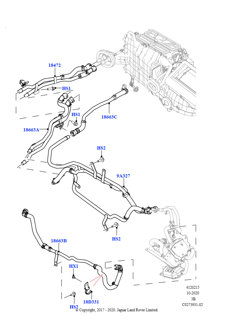Схема: Шланги отопителя (3.0 V6 D Gen2 Twin Turbo, Подогр.топл.с парк.отопителем и д/у)