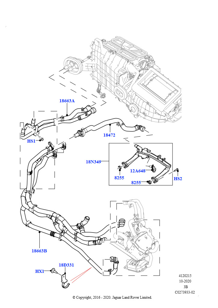 Схема: Шланги отопителя (3.0L DOHC GDI SC V6 БЕНЗИНОВЫЙ, Подогр.топл.с парк.отопителем и д/у, 5.0L P AJ133 DOHC CDA S/C Enhanced, Подогр.топл.с парк.отопителем и д/у)