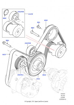 Шкивы и приводные ремни (2.0L AJ20D4 Diesel LF NFE, Сборочный завод Хэйлвуд, Без аккумулятора электродвигателя, 2.0L AJ20D4 Diesel High NFE, Сборочный завод Хэйлвуд, Без аккумулято